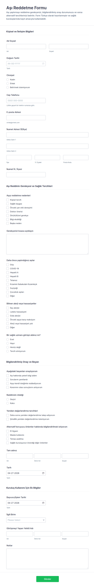 Aşı Reddetme Form Şablonu