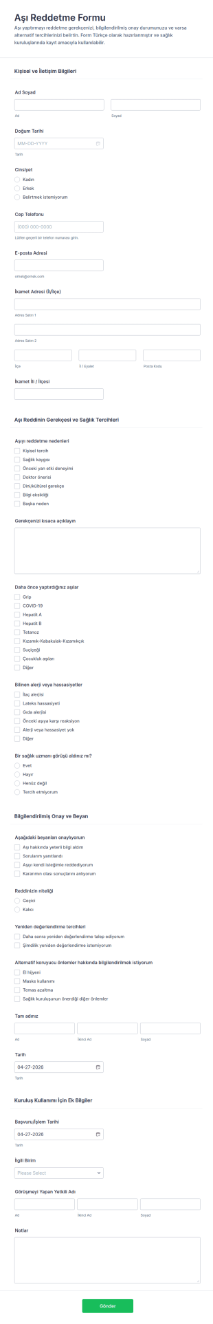 Aşı Reddetme Form Şablonu