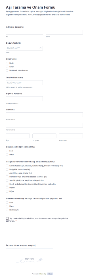 Aşı Tarama Ve Onam Form Şablonu
