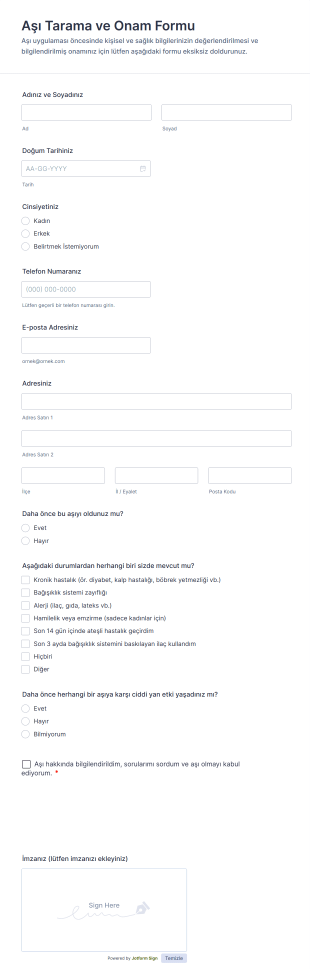 Aşı Tarama Ve Onam Form Şablonu