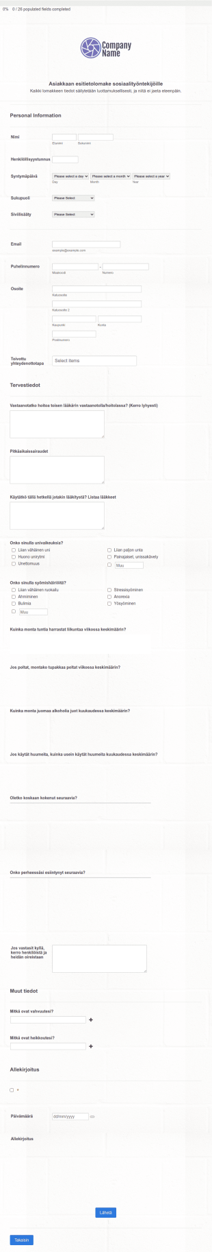 Asiakkaan Esitietolomake Sosiaalityöntekijöille