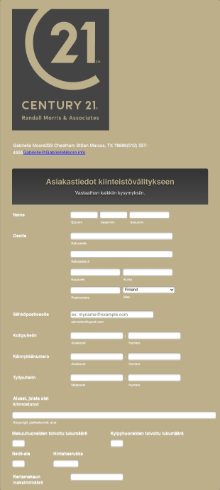 Asiakkaan Yhteystietolomake Kiinteistövälitykseen Form Template