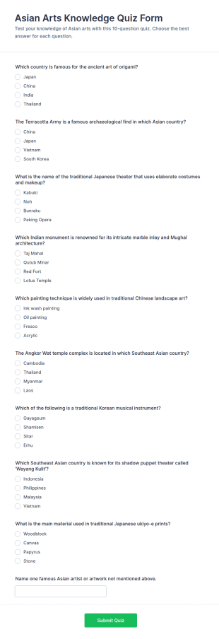 Asian Arts Knowledge Quiz Form Template