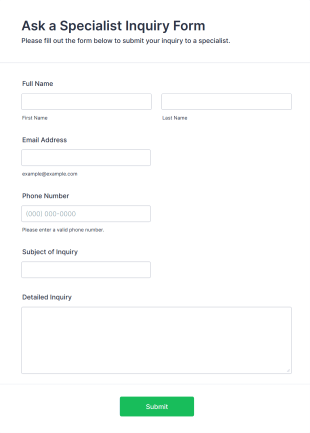 Ask A Specialist Inquiry Form Template