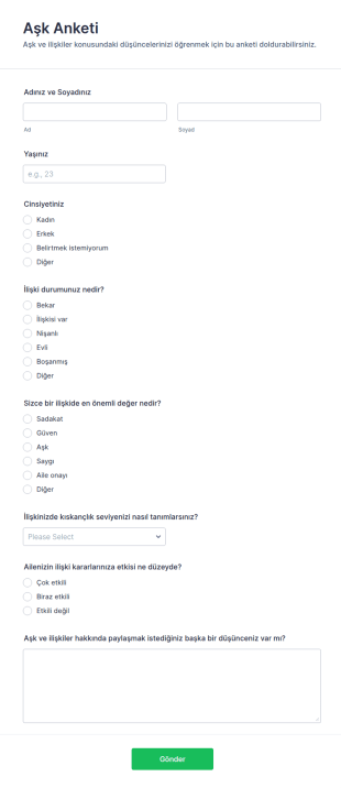 Aşk Anketi Form Şablonu