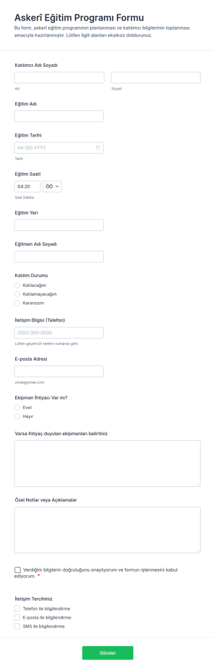 Askeri Eğitim Programı Takvim Form Şablonu