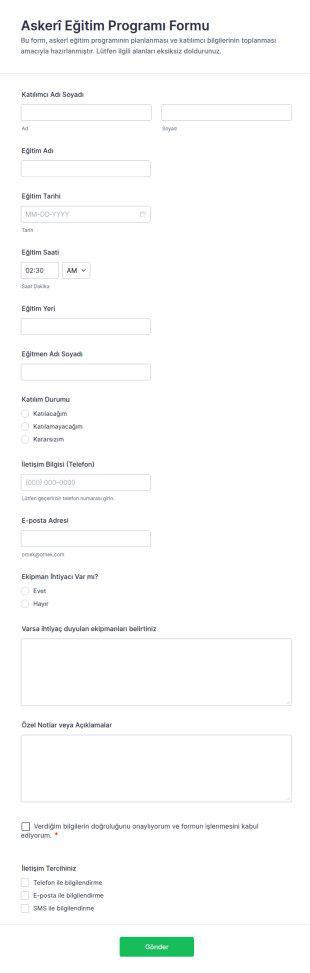 Askeri Eğitim Programı Takvim Form Şablonu
