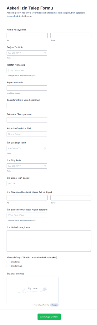 Askeri İzin Talep Form Şablonu