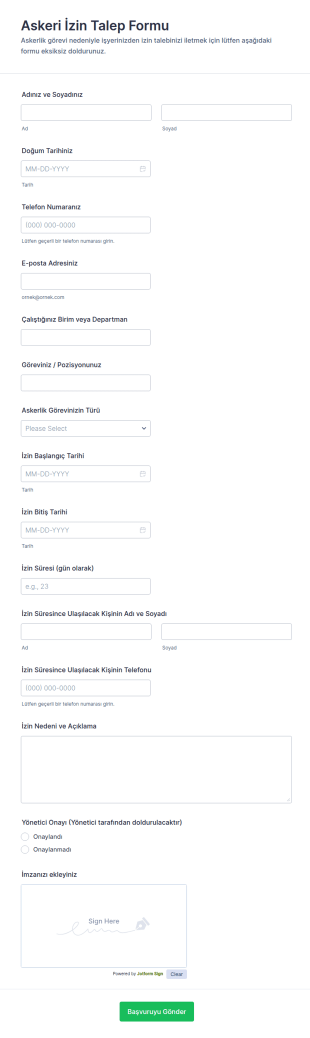 Askeri İzin Talep Form Şablonu