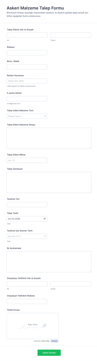 Askeri Malzeme Talep Form Şablonu