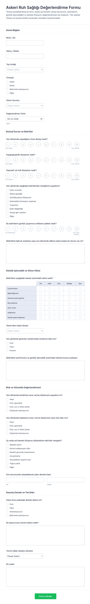 Askeri Ruh Sağlığı Değerlendirme Anketi Form Şablonu