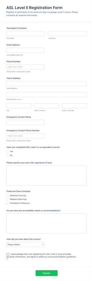 ASL Level II Registration Form Template