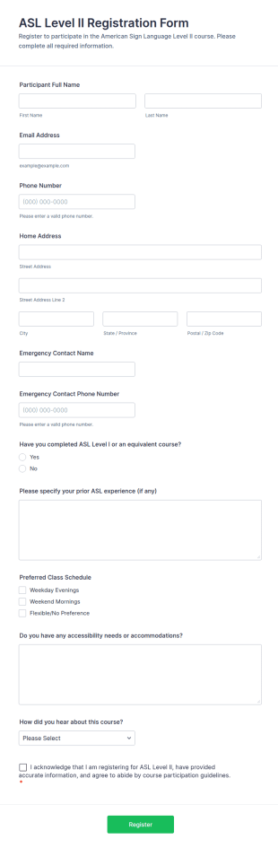 ASL Level II Registration Form Template