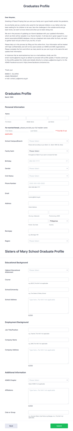Graduates Profile Database Information Form Template