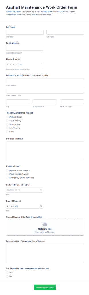 Asphalt Maintenance Work Order Form Template