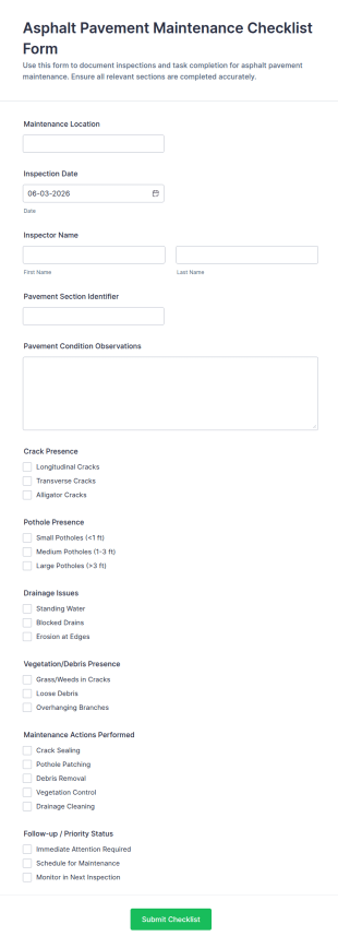 Asphalt Pavement Maintenance Checklist Form Template