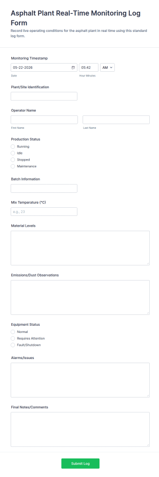 Asphalt Plant Real Time Monitoring Log Form Template