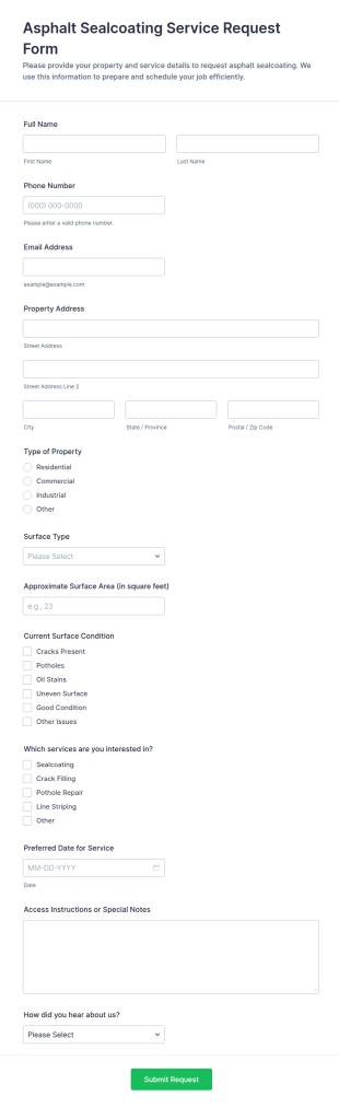 Asphalt Sealcoating Service Request Form Template