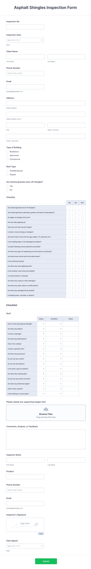 Asphalt Shingles Inspection Form Template