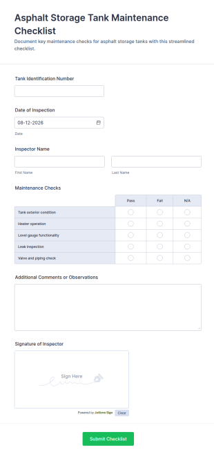 Asphalt Storage Tank Maintenance Checklist Form Template