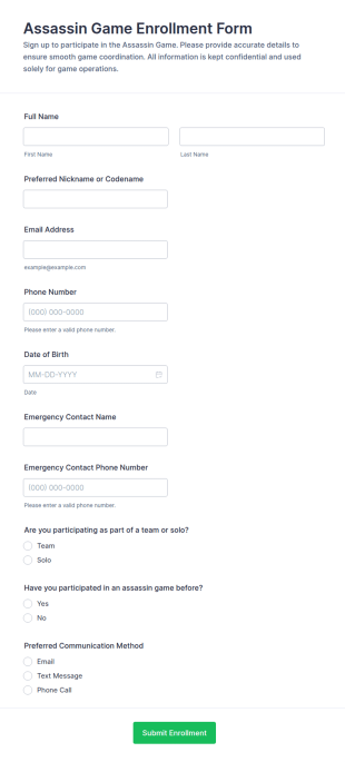 Assassin Game Enrollment Form Template