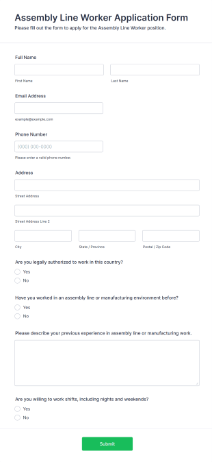 Assembly Line Worker Application Form Form Template