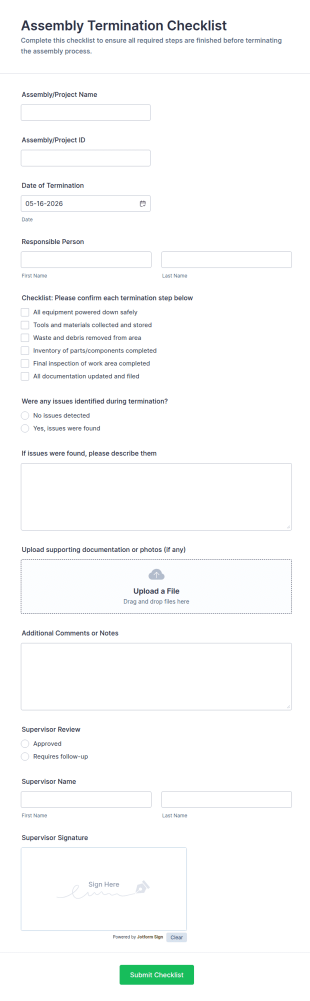 Assembly Termination Checklist Form Template