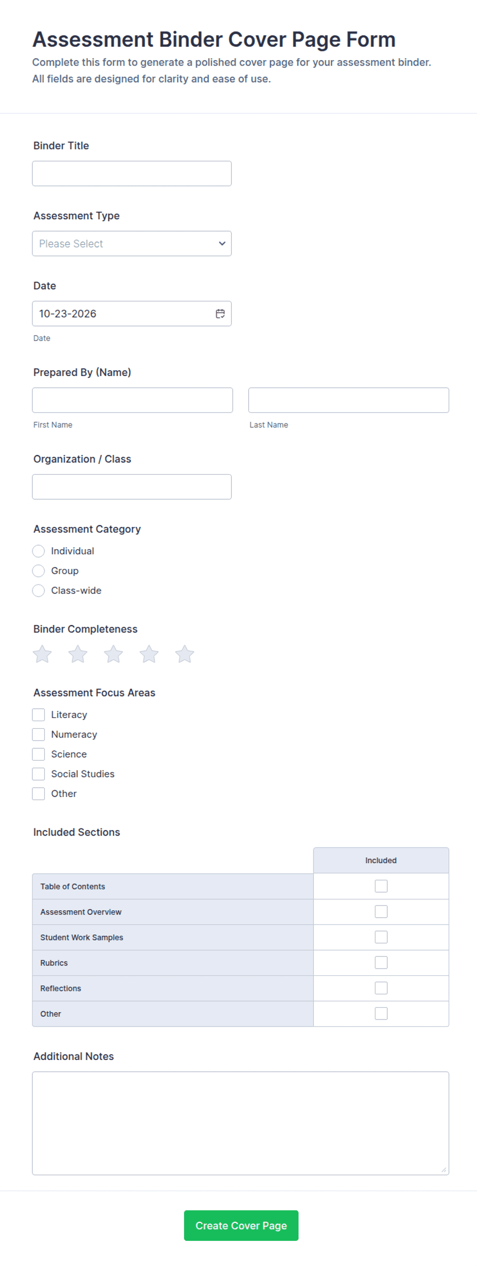 Assessment Binder Cover Page Form Template | Jotform