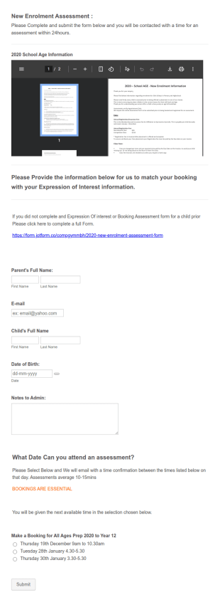 Assessment Booking Form Template