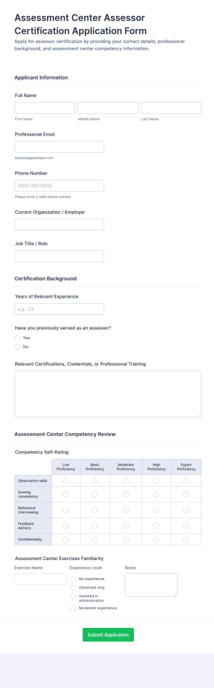 Assessment Center Assessor Certification Application Form Template