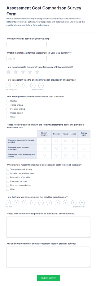 Assessment Cost Comparison Survey Form Template