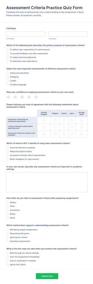 Assessment Criteria Practice Quiz Form Template