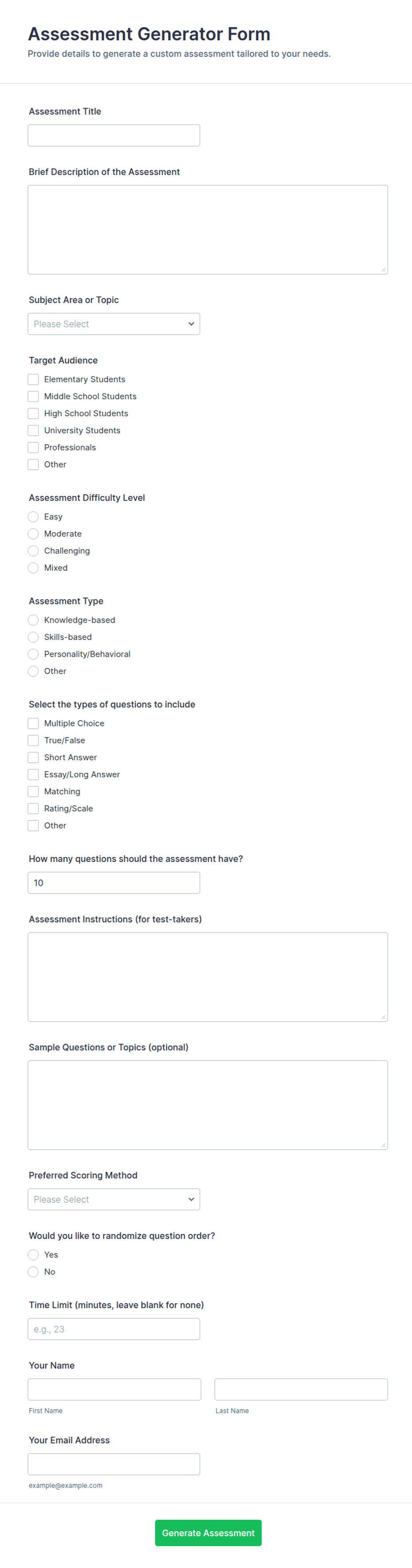 Editable Assessment Form Assessment Generator Form Template | Jotform