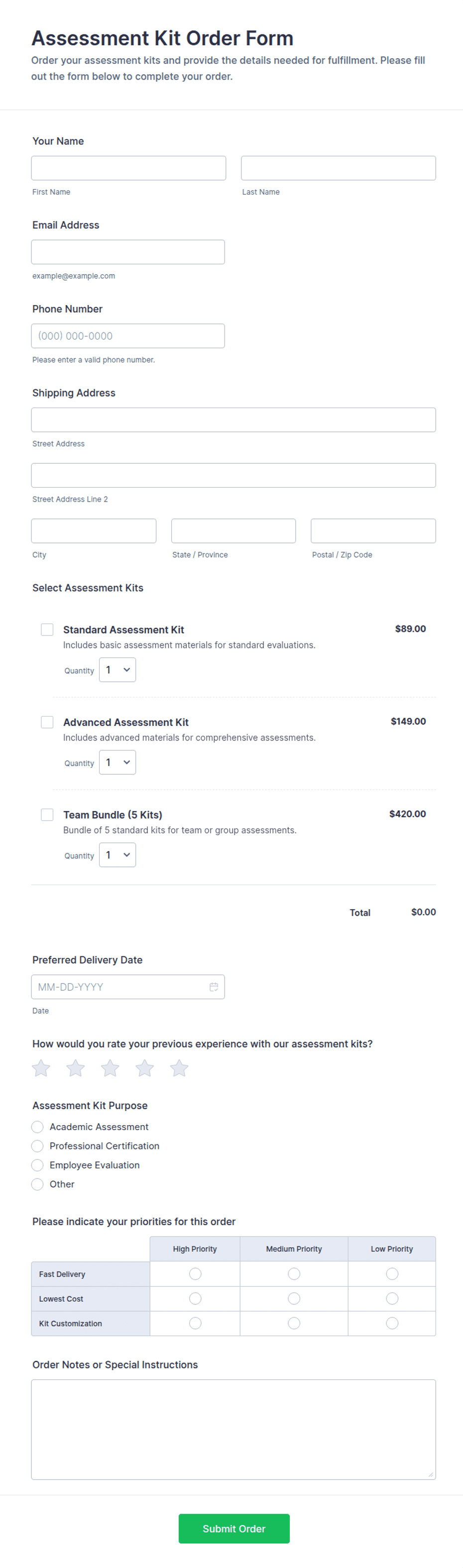 Assessment Kit Order Form Template | Jotform