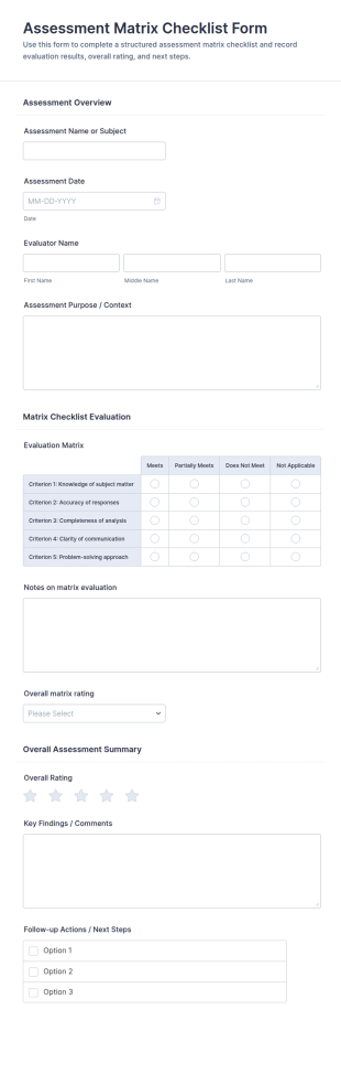 Assessment Matrix Checklist Form Template