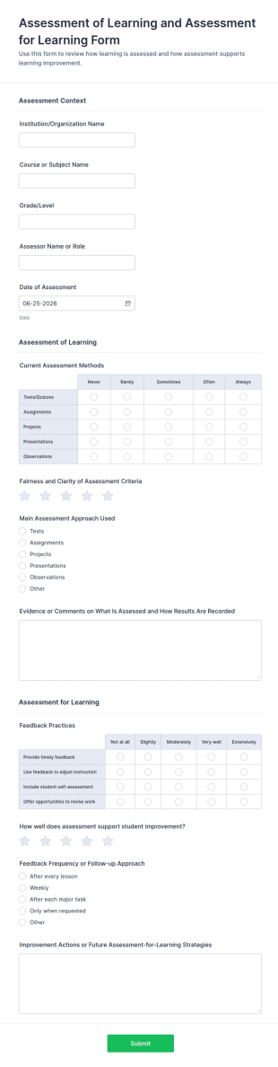 Assessment Of Learning And Assessment For Learning Form Template