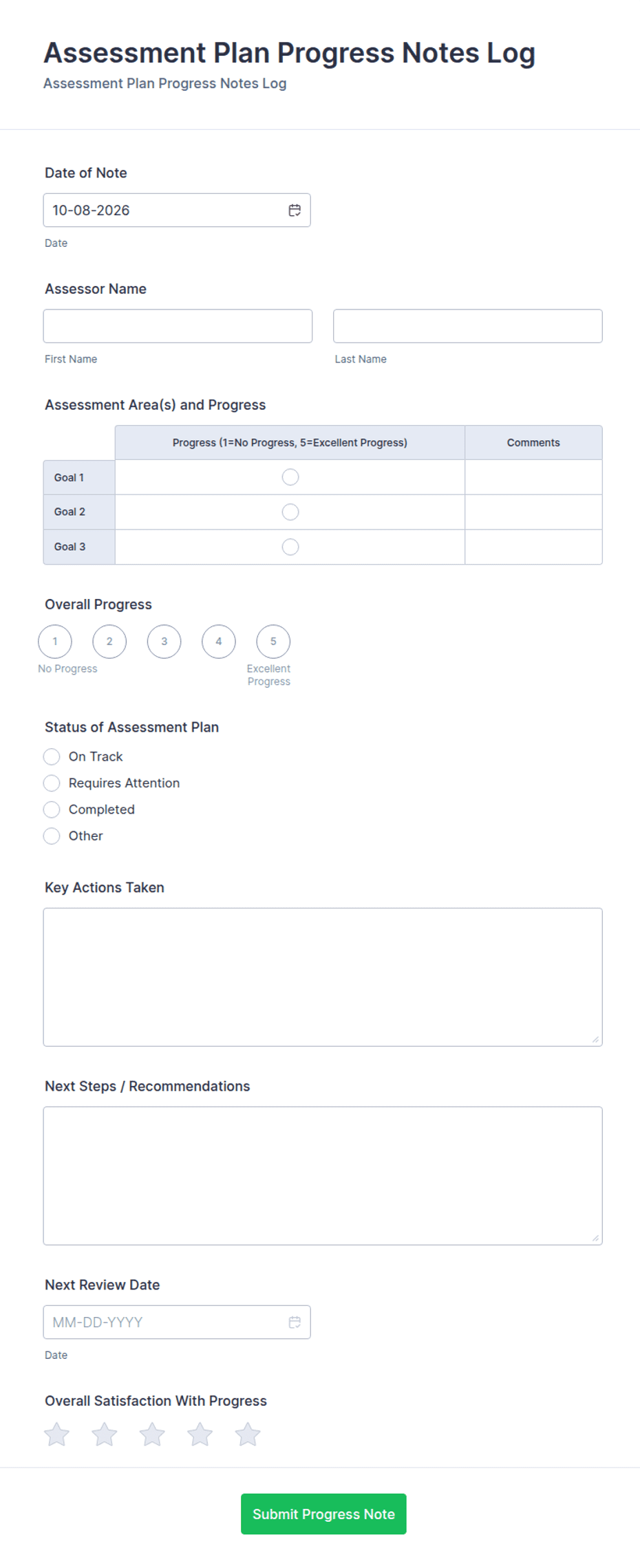 Assessment Plan Progress Notes Log Form Template | Jotform
