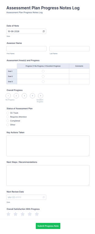 Assessment Plan Progress Notes Log Form Template