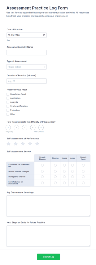 Assessment Practice Log Form Template