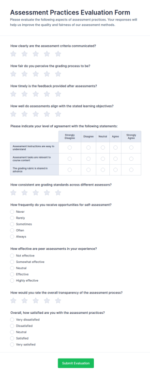 Assessment Practices Evaluation Form Template
