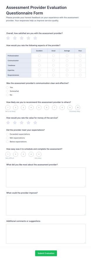 Assessment Provider Evaluation Questionnaire Form Template