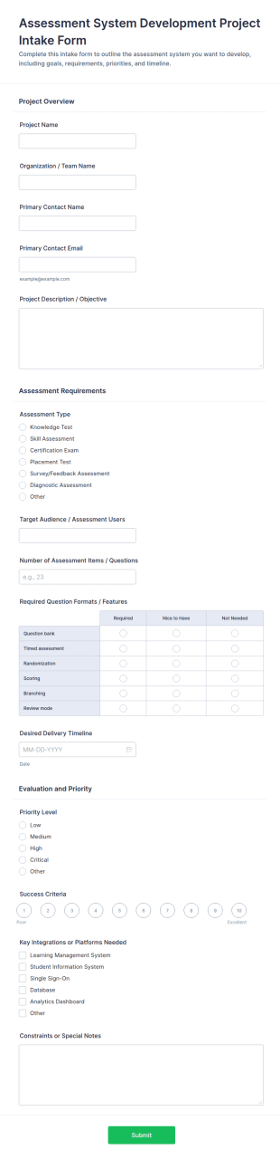 Assessment System Development Project Intake Form Template
