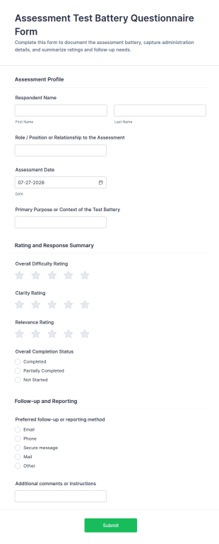 Assessment Test Battery Questionnaire Form Template