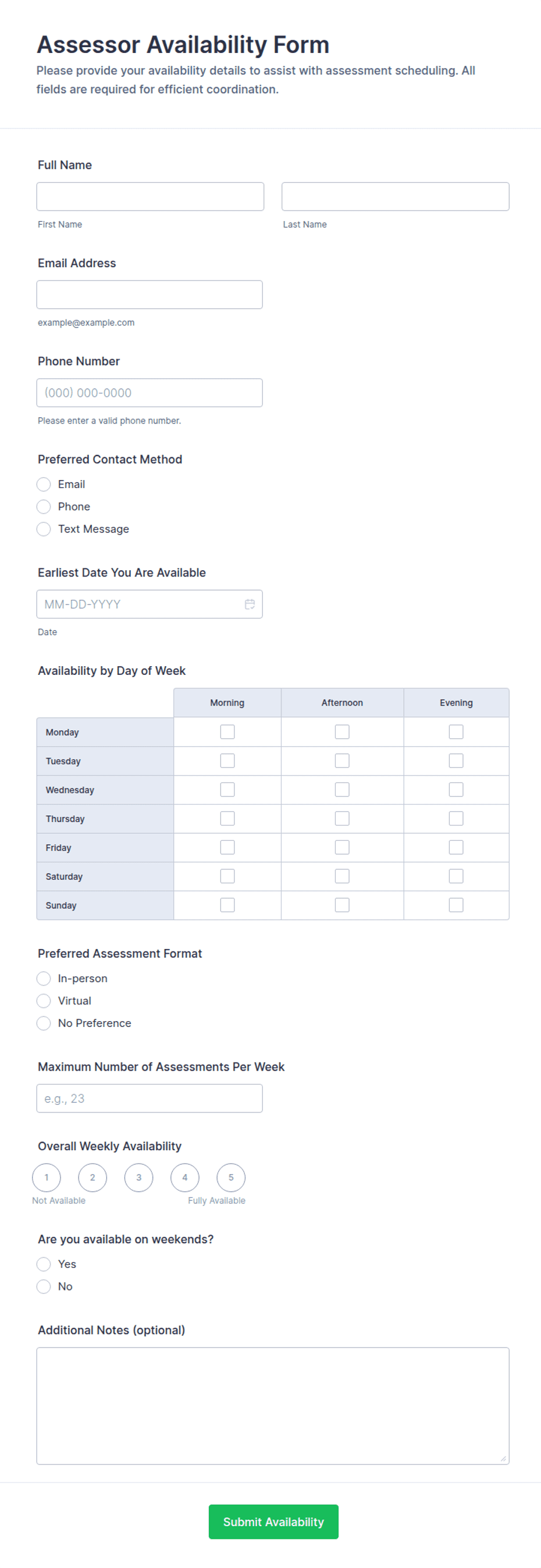 Assessor Availability Form Template | Jotform