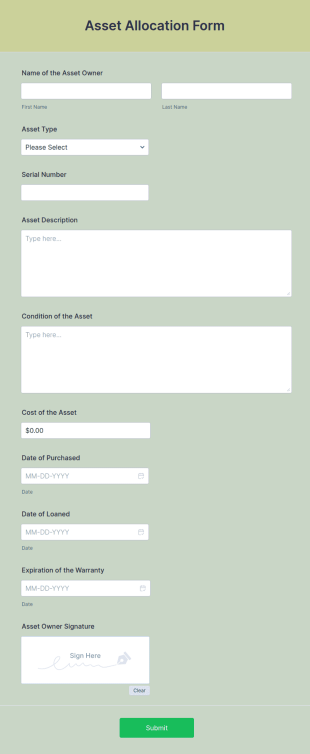 Asset Allocation Form Template