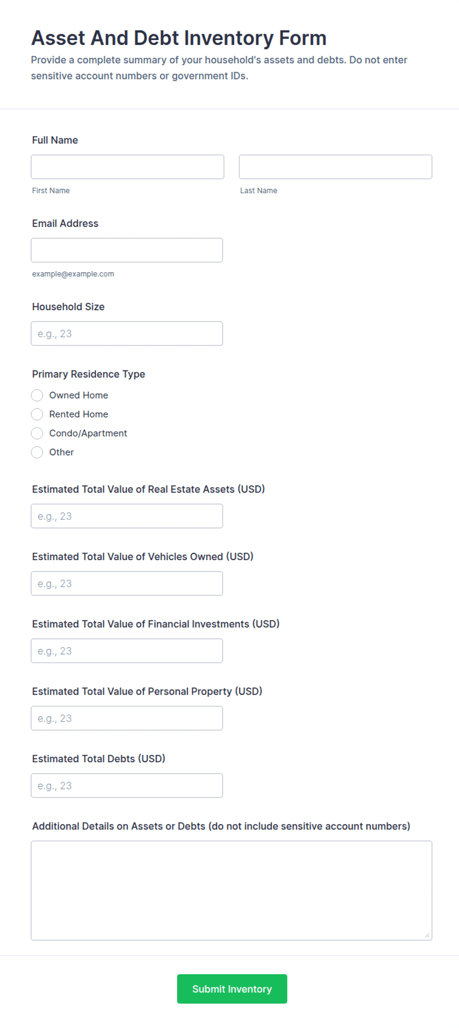 Asset And Debt Inventory Form Template | Jotform