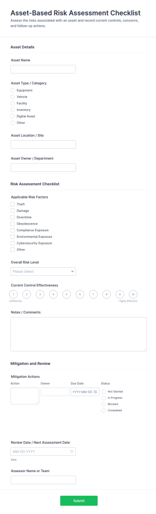 Asset Based Risk Assessment Checklist Form Template