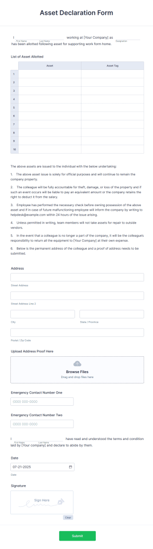 Asset Declaration Form Template