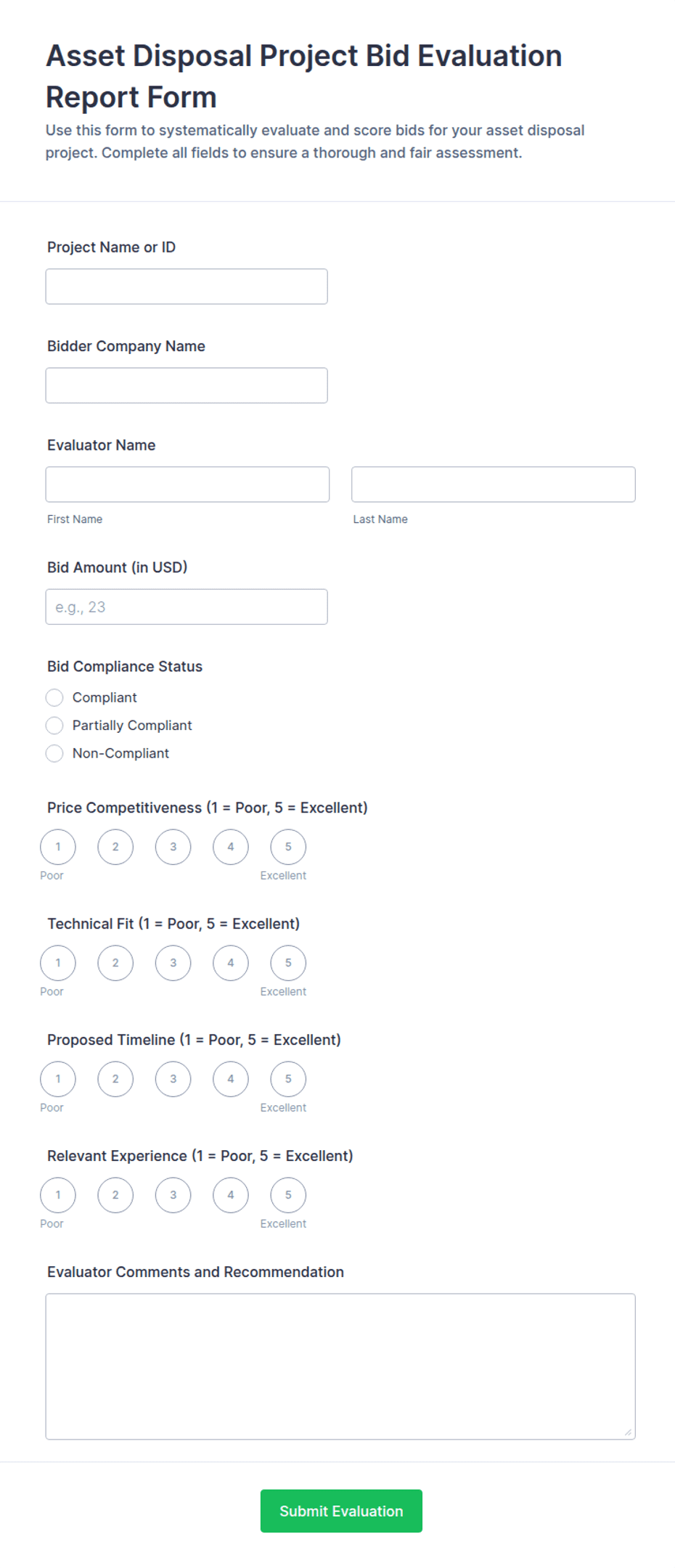 Asset Disposal Project Bid Evaluation Report Form Template | Jotform