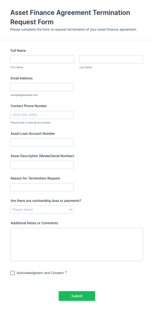 Asset Finance Agreement Termination Request Form Template